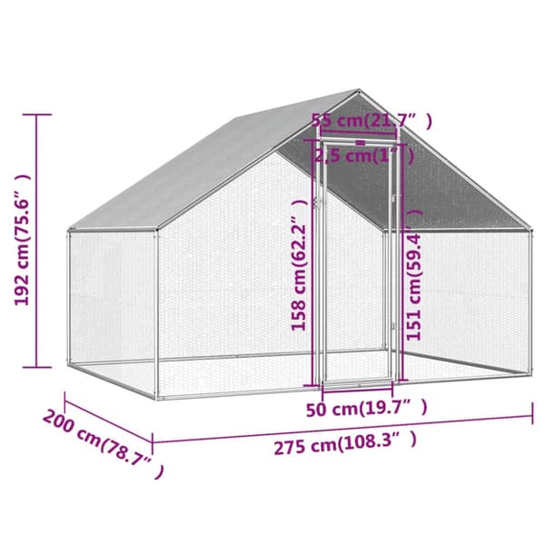 vidaXL Ulkotilan kanahäkki galvanoitu teräs 2,75x2x1,92 m -  Pieneläinten kopit & häkit
