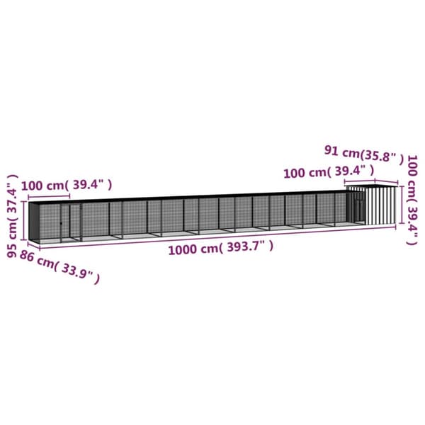 vidaXL hønsehus 1000x91x100 cm galvaniseret stål grå -  Huse & bure til små dyr