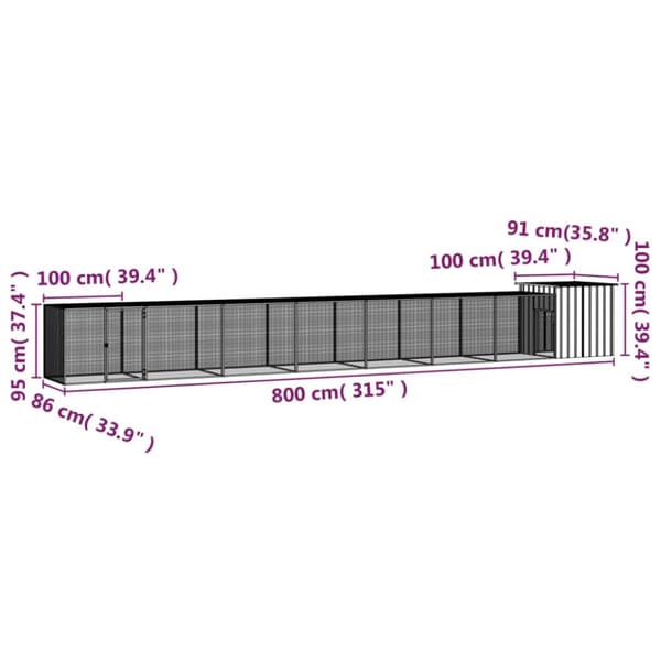 vidaXL Hönsbur grå 800x91x100 cm galvaniserat stål -  Smådjursburar