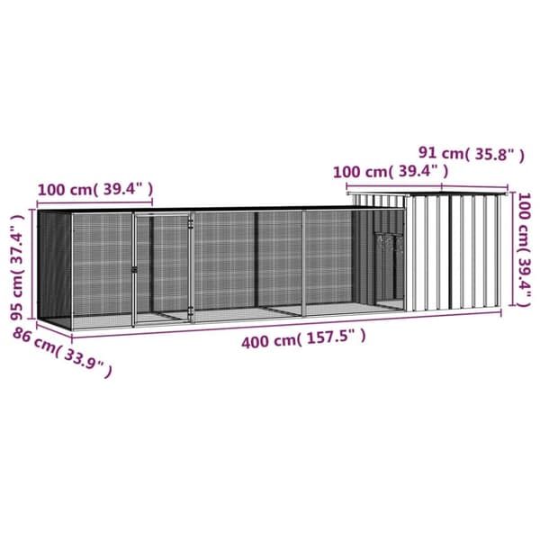 vidaXL Kanahäkki harmaa 400x91x100 cm galvanoitu teräs -  Pieneläinten kopit & häkit