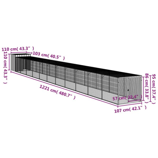 vidaXL hønsehus m. løbegård 110x1221x110 cm galvaniseret stål antracit -  Huse & bure til små dyr