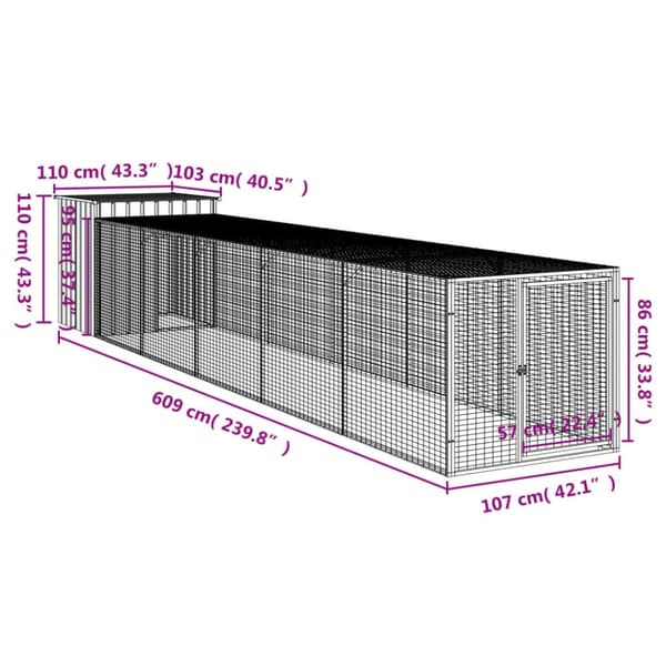 vidaXL hønsehus med løbegård 110x609x110 cm galvaniseret stål lysegrå -  Huse & bure til små dyr