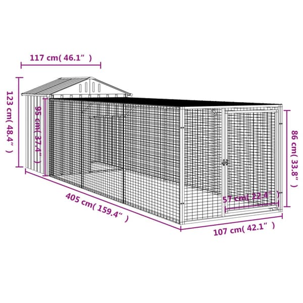vidaXL hønsehus med løbegård 117x405x123 cm galvaniseret stål antracit -  Huse & bure til små dyr