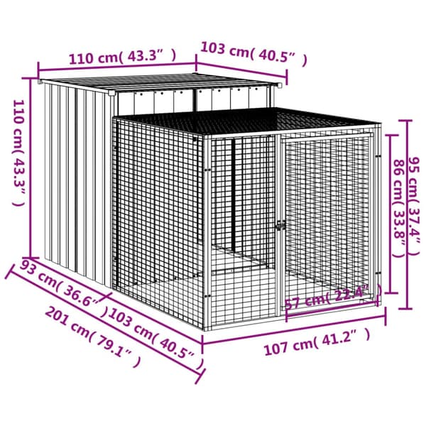 vidaXL hønsehus med løbegård 110x201x110 cm galvaniseret stål lysegrå -  Huse & bure til små dyr