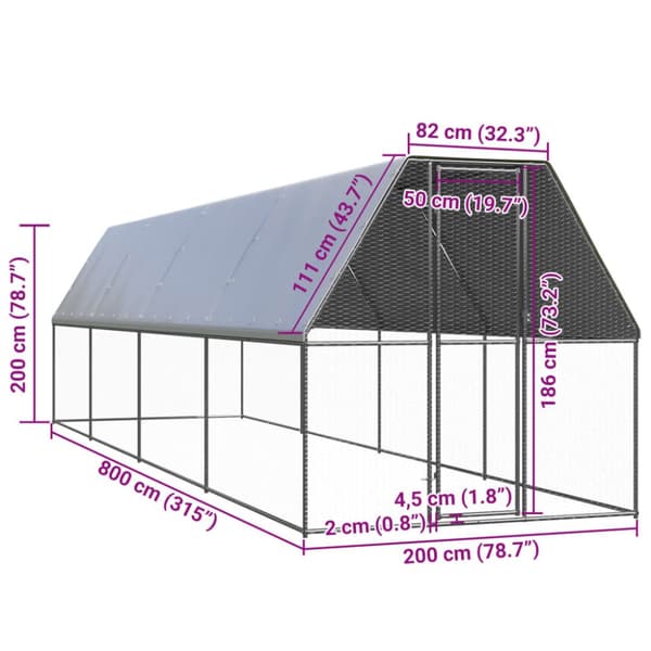 vidaXL Ulkotilan kanahäkki 2x8x2 m galvanoitu teräs -  Pieneläinten kopit & häkit