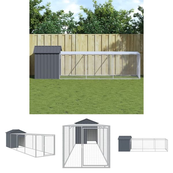 The Living Store hønsehus med løbegård 117x405x123 cm galvaniseret stål antracit -  Huse & bure til små dyr