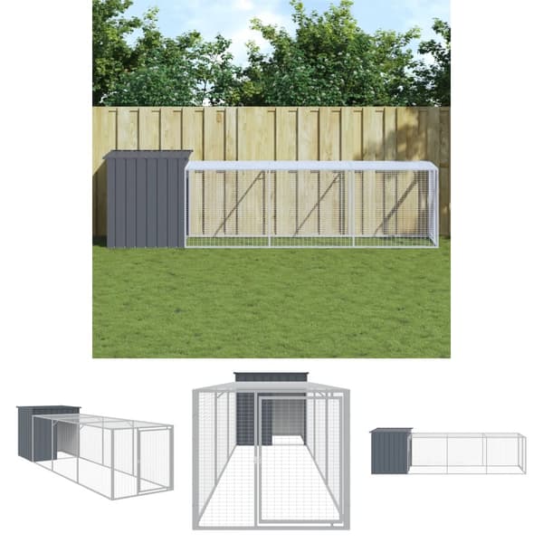 The Living Store hønsehus med løbegård 110x405x110 cm galvaniseret stål antracit -  Huse & bure til små dyr
