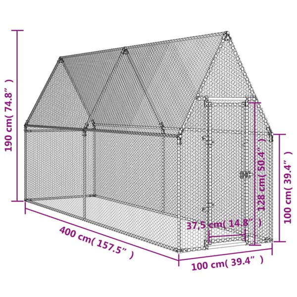 The Living Store Hönsbur silver 400x100x190 cm galvaniserat stål -  Smådjursburar