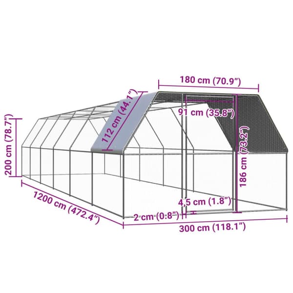 Ulkotilan kanahäkki 3x12x2 m galvanoitu teräs - Kanahäkki - Kanahäkit - Home & Living