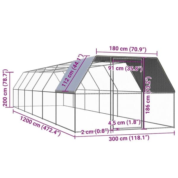 vidaXL Kanahäkki 3x12x2 m galvanoitu teräs