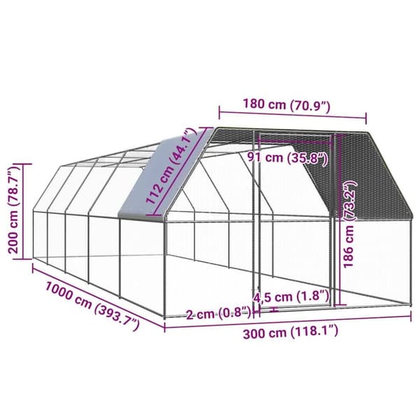 vidaXL Hönsbur 3x10x2 m galvaniserat stål