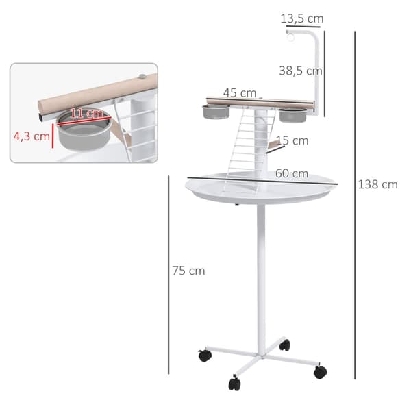 Rootz Bird Table - Bird Abborre Stativ - Papegoja Lekställ - Stål & Trä - 2 skålar i rostfritt stål - Bärbar - 60cm x 138cm
