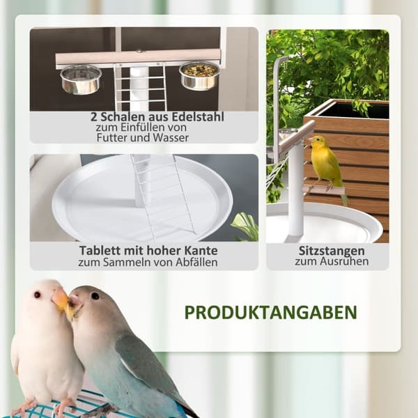 Rootz Bird Table - Bird Abborre Stativ - Papegoja Lekställ - Stål & Trä - 2 skålar i rostfritt stål - Bärbar - 60cm x 138cm