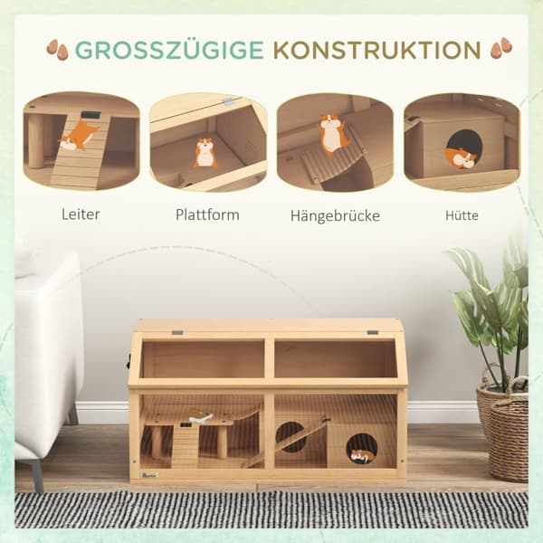 Rootz smådyrsbur - Gnaverhus - Hamsterbur - Bæredygtige træmaterialer - Rummeligt design - Nem adgang - 85 cm x 45 cm x 44 cm