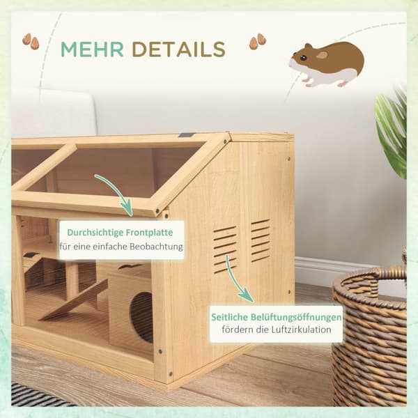 Rootz smådyrsbur - Gnaverhus - Hamsterbur - Bæredygtige træmaterialer - Rummeligt design - Nem adgang - 85 cm x 45 cm x 44 cm