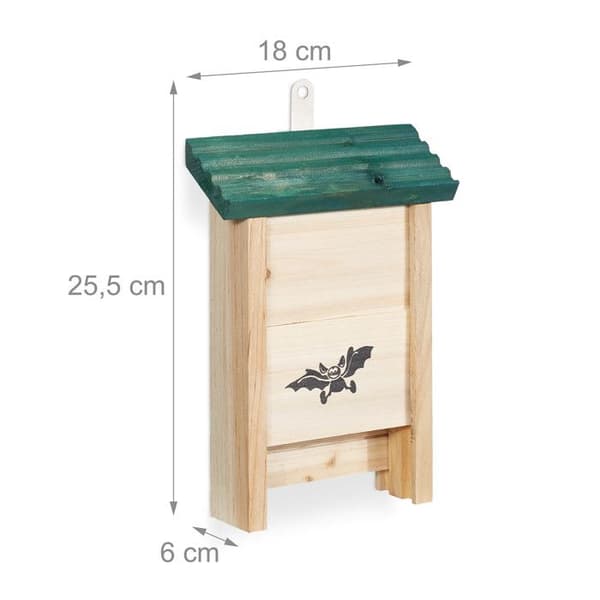 Relaxdays, Fladdermushus, Hus, Obehandlat Gran, Box, HxBxD: 25,5 x 18 x 6 cm, Natur/Grön