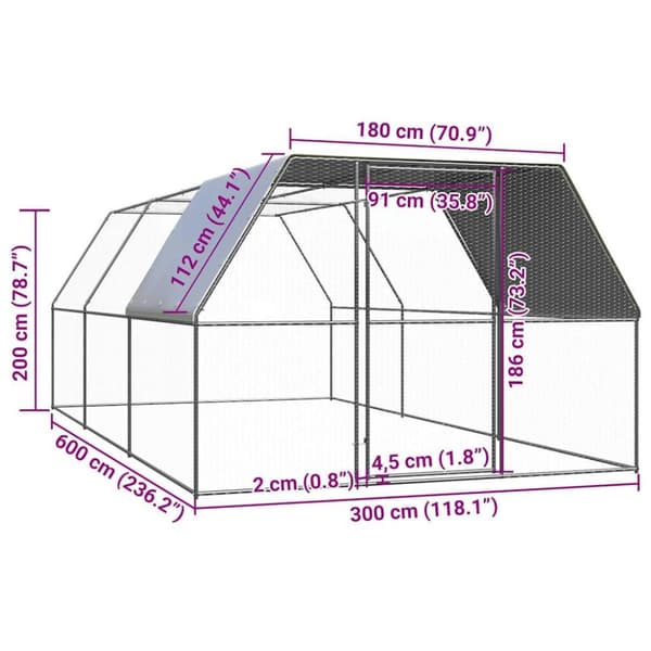 Kanahäkki 3x6x2 m galvanoitu teräs