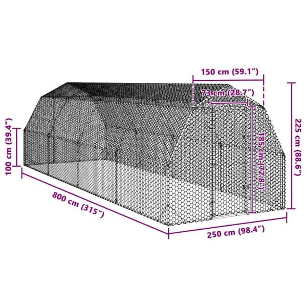 vidaXL Hönsgård 2,5x8x2,25 m galvaniserat stål