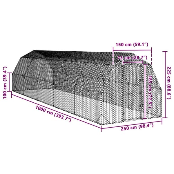 vidaXL hønsegård 2,5x10x2,25 m galvaniseret stål