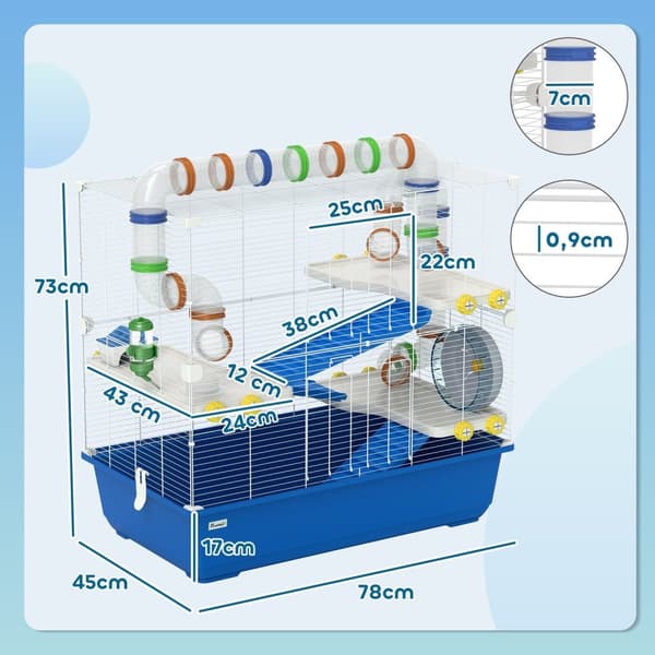 Rootz 4 Level Hamster Cage - Small Animal Habitat - Kæledyrskabeling - Underholdende rørsystem - 78 cm x 45 cm x 73 cm
