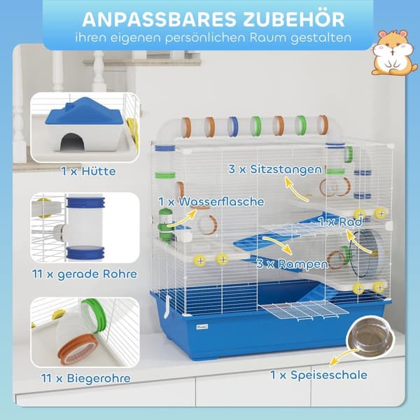 Rootz 4 Level Hamster Cage - Small Animal Habitat - Kæledyrskabeling - Underholdende rørsystem - 78 cm x 45 cm x 73 cm
