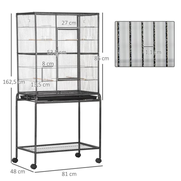 Rootz Bird Cage Portable Aviary - Mobile Bird -kotelo - Rolling jalusta - Tilava muotoilu - 77 x 47 x 163 cm musta ja harmaa