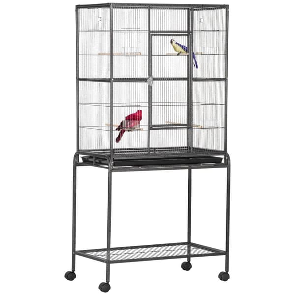 Rootz Bird Cage Portable Aviary - Mobile Bird -kotelo - Rolling jalusta - Tilava muotoilu - 77 x 47 x 163 cm musta ja harmaa