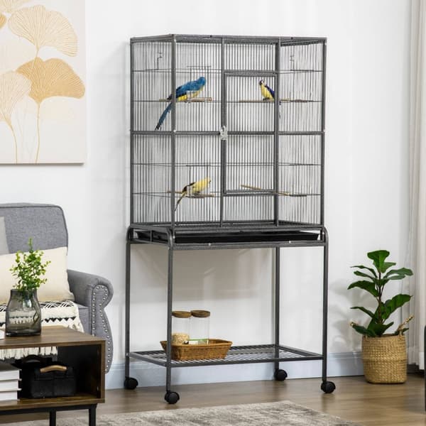 Rootz Bird Cage Portable Aviary - Mobile Bird -kotelo - Rolling jalusta - Tilava muotoilu - 77 x 47 x 163 cm musta ja harmaa