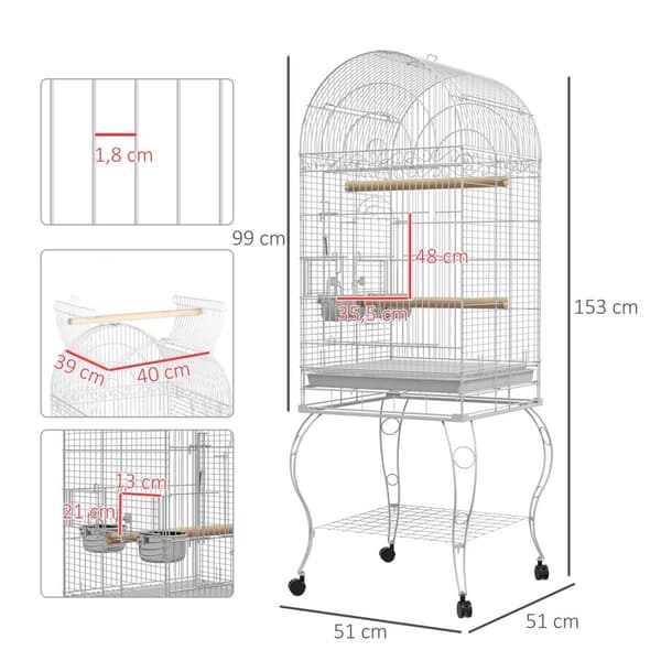 Rootz Bird Cage on Pyörillä - Aviary - Papukaija House - Helppo puhdistus - 51 cm x 51 cm x 153 cm