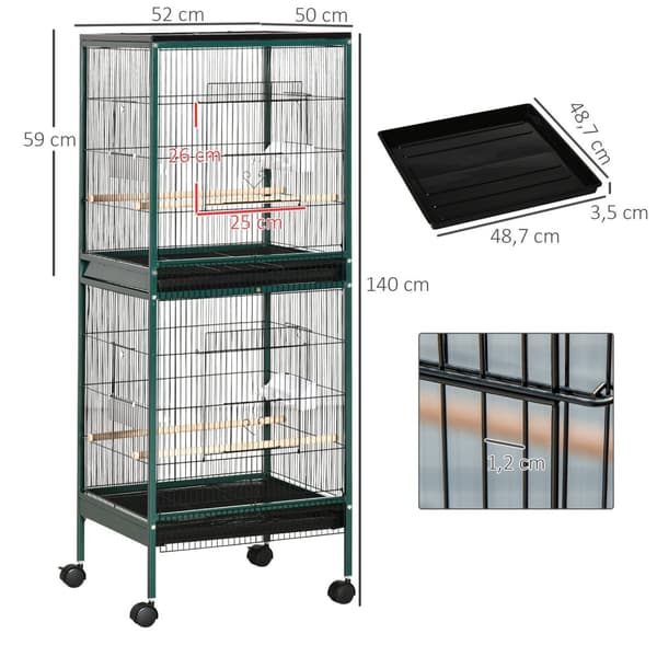 Rootz Suuri Double jalusta lintuhäkki - Aviary - Lintukotelo - Tilava terässuunnittelu - 51,5W x 50d x 140h cm