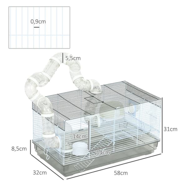 Rootz Hamster Cage - Jyrsijä Cage - Pieni PET -elinympäristö - jännittävä tunnelijärjestelmä - 58 x 32 x 31 cm - harmaa