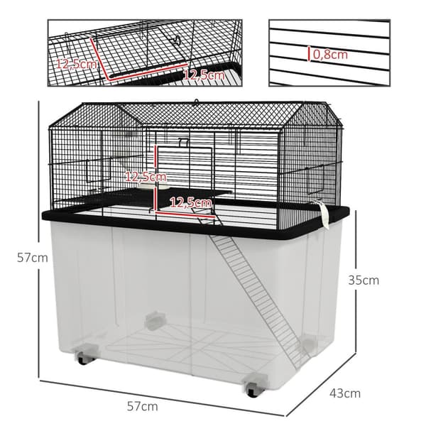 Rootz Hamster Cage -jyrsijä Cage - Pienin eläinten elinympäristö - PET -kotelo - Liikunnan edistäminen - Teräslanka - 57 x 43 x 57 cm