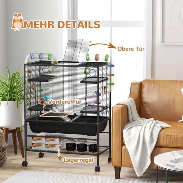 Rootz Hamster Cage med rør - gnaverhus - Small Animal Habitat - Øvelse sjov - 109 cm x 82 cm x 46 cm, sort