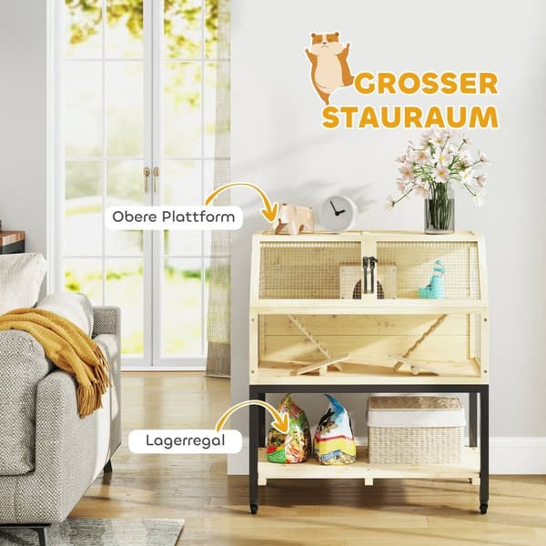 Rootz Wooden Dwarf Hamster Cage - Small Animal House - To -etagers kæledyrsindkapsling - Opbevaring og mobilitet - 87 x 43 x 101 cm