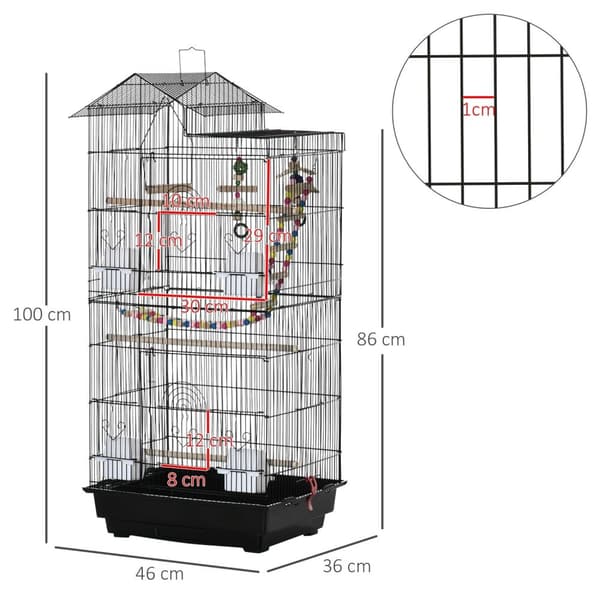 Rootz Bird Cage - Aviary - Parrot Cage - Tilava ja turvallinen muotoilu - 46 cm x 36cm x 100cm
