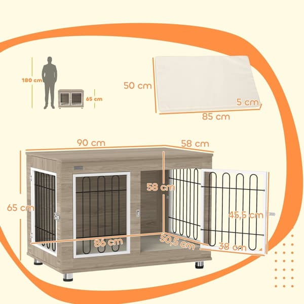 Rootz Indoor Dog Cage Side Table - Dog Kennel - Kæledyrskasse - Dobbeltdør og pude - 90 cm x 58 cm x 65 cm
