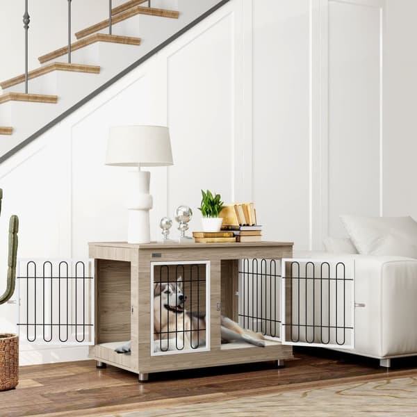 Rootz Indoor Dog Cage Side Table - Dog Kennel - Kæledyrskasse - Dobbeltdør og pude - 90 cm x 58 cm x 65 cm