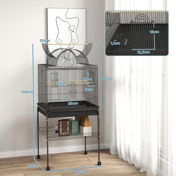 Rootz Mobile Bird Cage - Kanarian ja budgie -elinympäristö - Kestävä metalliverkko - Sileä liikkuvuus - 63 cm x 53cm x 144 cm