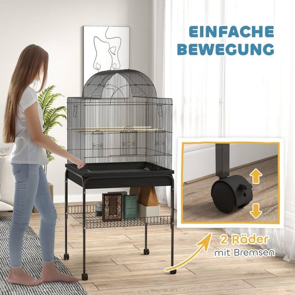 Rootz Mobile Bird Cage - Kanarian ja budgie -elinympäristö - Kestävä metalliverkko - Sileä liikkuvuus - 63 cm x 53cm x 144 cm