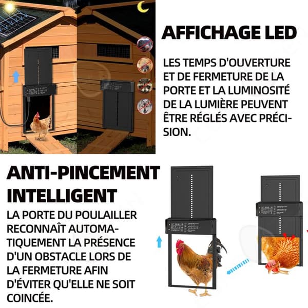 C Hönshusdörr 24,38x56,64cm solautomatisk hönsgårdsdörr med LED-skärm intelligent anti-kläm ljussensor