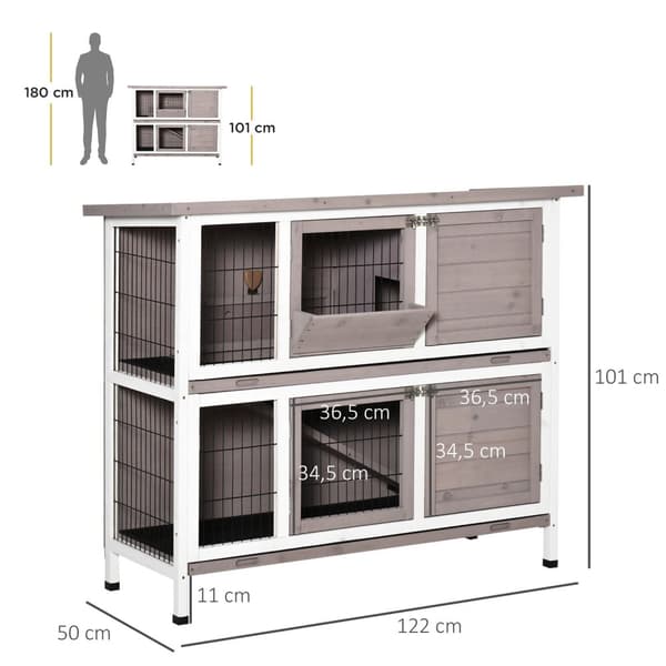 Rootz 2 -etagers kaninbur - Pet Hutch - Animal Shelter - Solid Wood - Foldbart tag - 122 x 50 x 101 cm Grå hvid