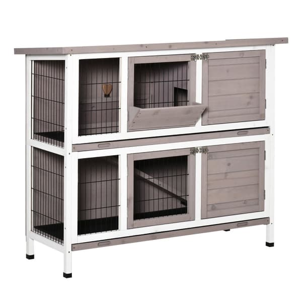 Rootz 2 -etagers kaninbur - Pet Hutch - Animal Shelter - Solid Wood - Foldbart tag - 122 x 50 x 101 cm Grå hvid