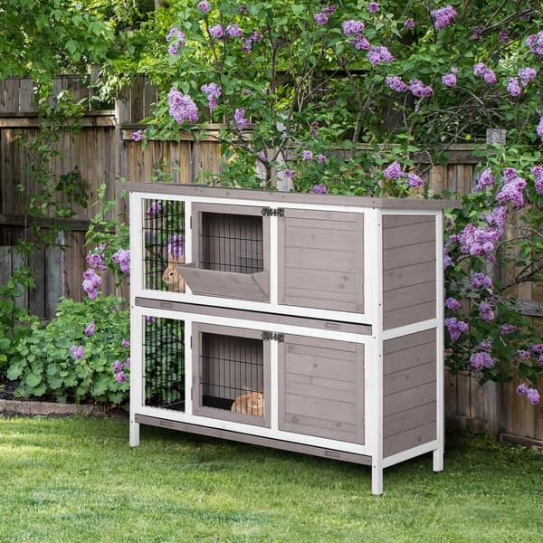 Rootz 2 -etagers kaninbur - Pet Hutch - Animal Shelter - Solid Wood - Foldbart tag - 122 x 50 x 101 cm Grå hvid