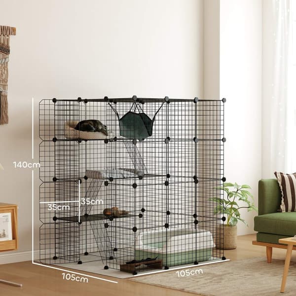 Rootz 4 Level Rabbit Cage - Small Animal Inclosure - Anpassningsbara nätpaneler - Rymlig design - 105 x 105 x 140 cm