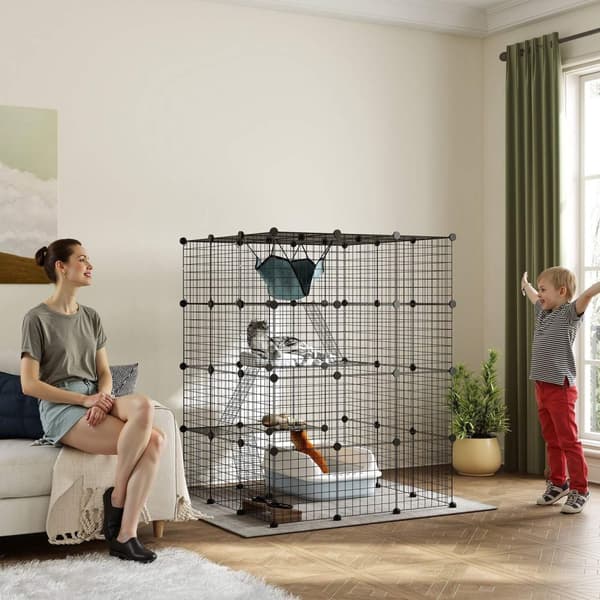 Rootz 4 Level Rabbit Cage - Small Animal Inclosure - Anpassningsbara nätpaneler - Rymlig design - 105 x 105 x 140 cm