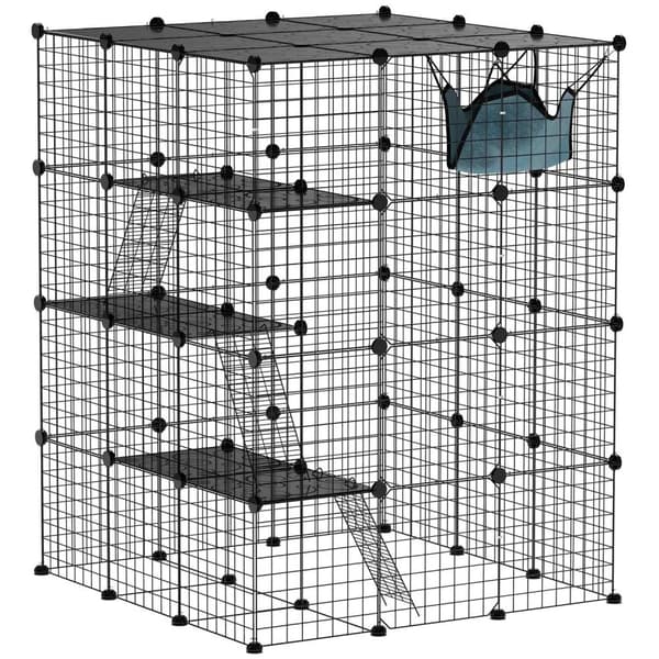 Rootz 4 Level Rabbit Cage - Small Animal Inclosure - Anpassningsbara nätpaneler - Rymlig design - 105 x 105 x 140 cm