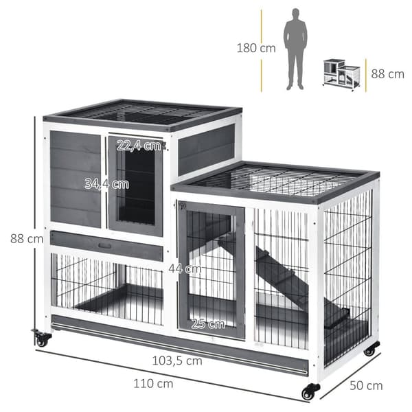 Rootz Rabbit Stable on Pyörillä - Kani Cage - Bunny Hutch - Tilava mukavuus - 110 cm x 50 cm x 88cm