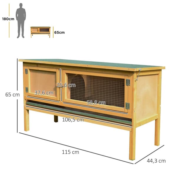 Rootz Rabbit Cage - Kanin sarana - Kani Hutch - Helppo puhdistus - 115 cm x 44,3 cm x 65cm - ruskea ja vihreä