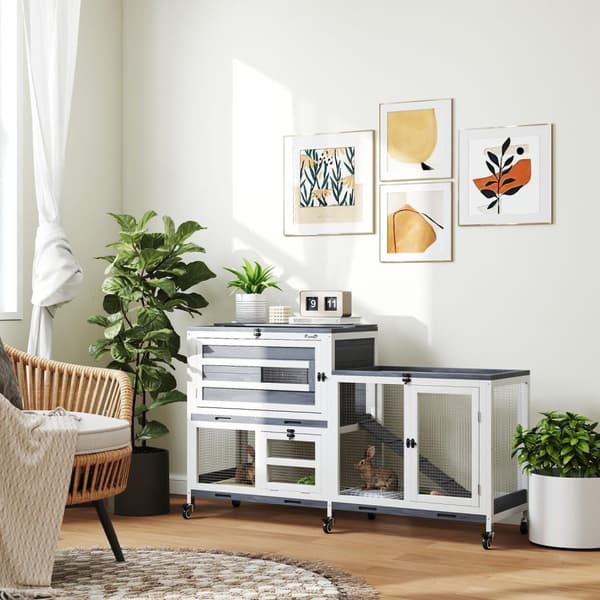 Rootz Rabbit Stable - Hutch - Pupun kotelo - Helppo liikkuvuus - 147 x 45 x 89,5 cm - massiivipuuta, 2 kerrosta, rullia, 2-3 kaniin