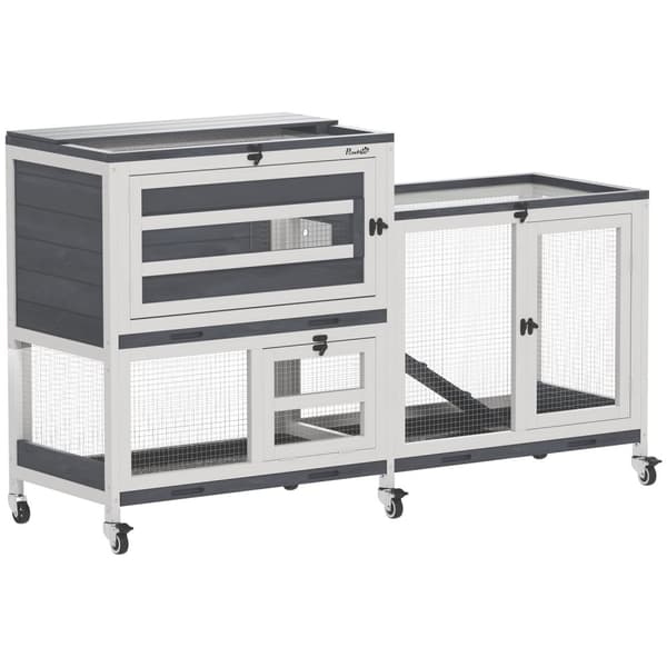 Rootz Rabbit Stable - Hutch - Pupun kotelo - Helppo liikkuvuus - 147 x 45 x 89,5 cm - massiivipuuta, 2 kerrosta, rullia, 2-3 kaniin